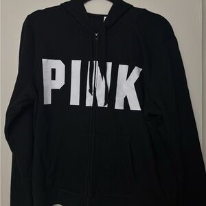PINK Victoria's Secret Black Zip-Up Hoodie with White Logo